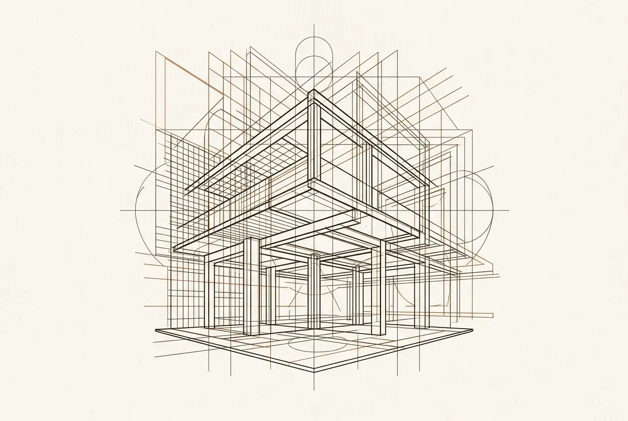 An architectural line drawing of a post-and-beam frame in perspective, its construction grids, guidelines and arcs drawn out of register so they miss the structure they were meant to lay out