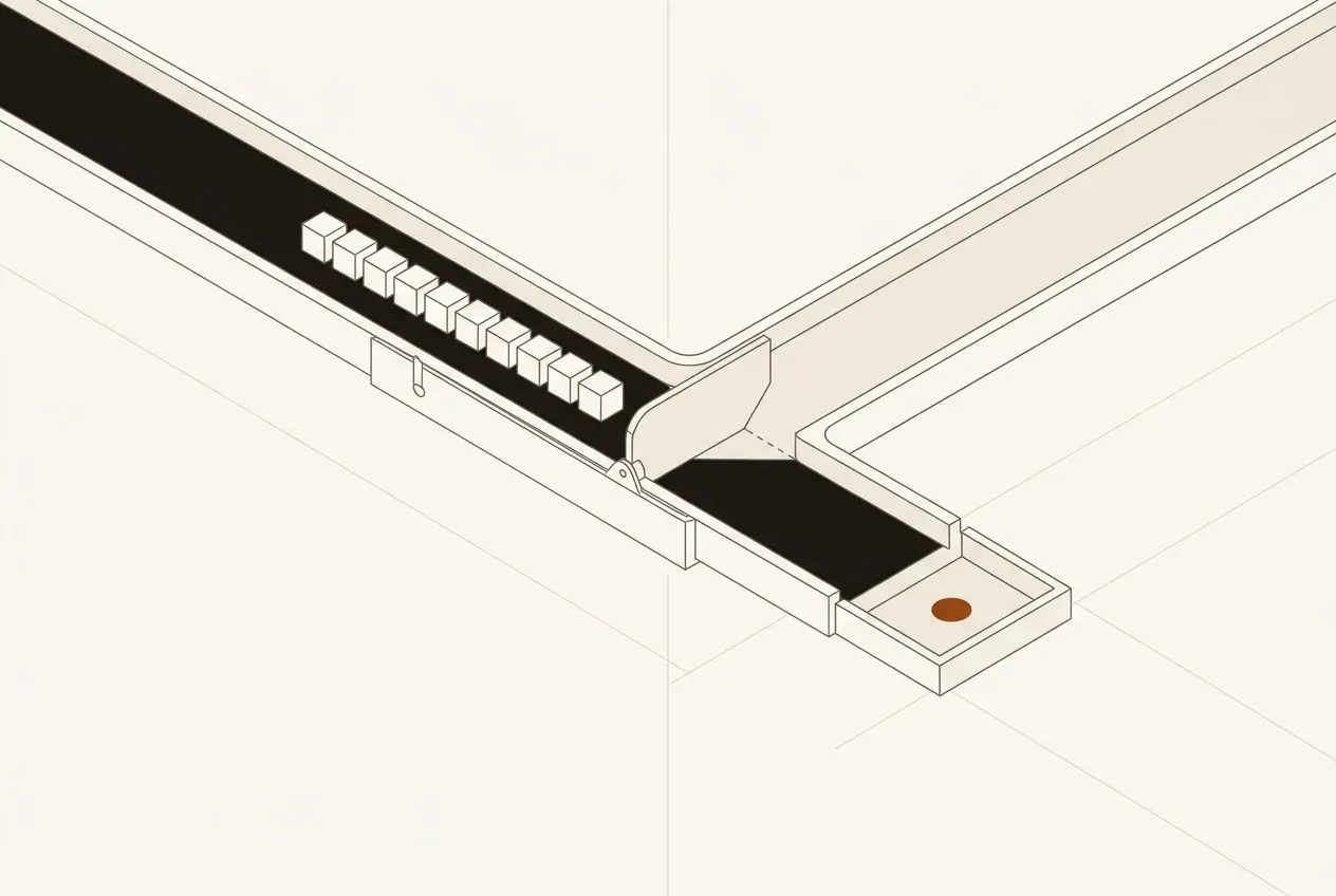 A drafting diagram of a row of identical blocks moving along a channel toward a hinged divider, which splits it into a broad open path and a short closed tray