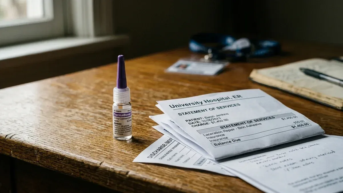 Medical topical skin adhesive applicator vial standing beside an itemized hospital emergency room bill