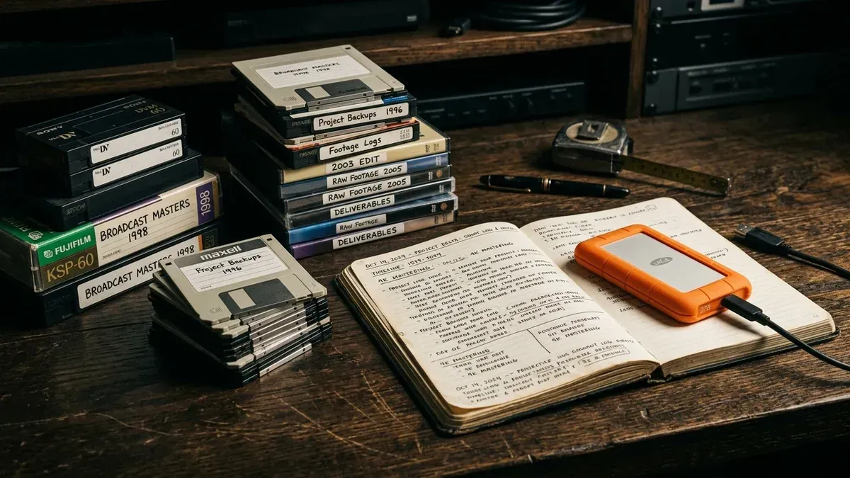 Still life arrangement of broadcast tapes, floppy disks, CD-ROMs, and modern portable SSD beside a production notebook