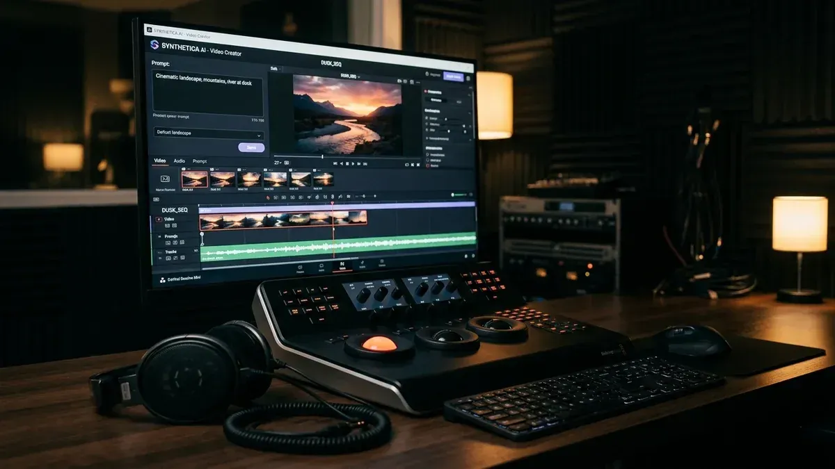 Color grading console and monitor in a dark studio showing generative AI video creation interface