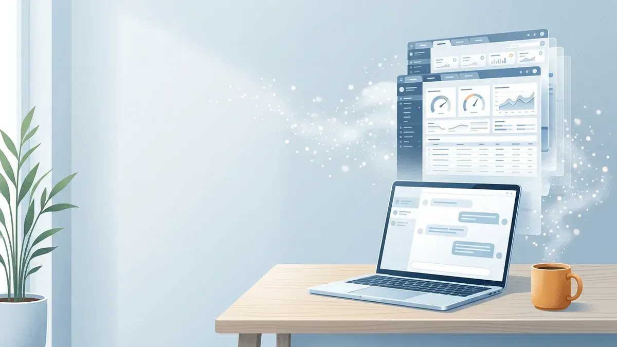 A laptop showing a simple chat while a stack of cluttered admin dashboards dissolves behind it