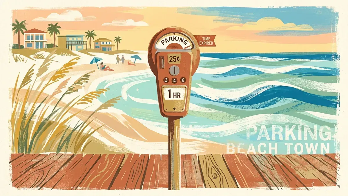 Stylized fine-art illustration of a vintage parking meter on a beach boardwalk overlooking ocean waves and dunes in warm coastal light