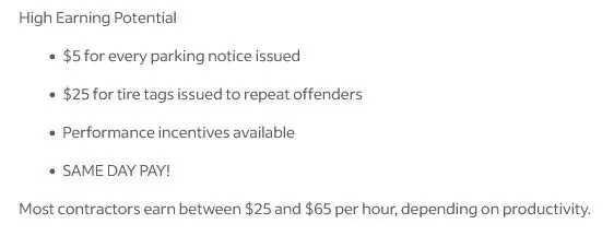 Taggr's Indeed listing for parking enforcement attendants, offering pay incentives per violation found