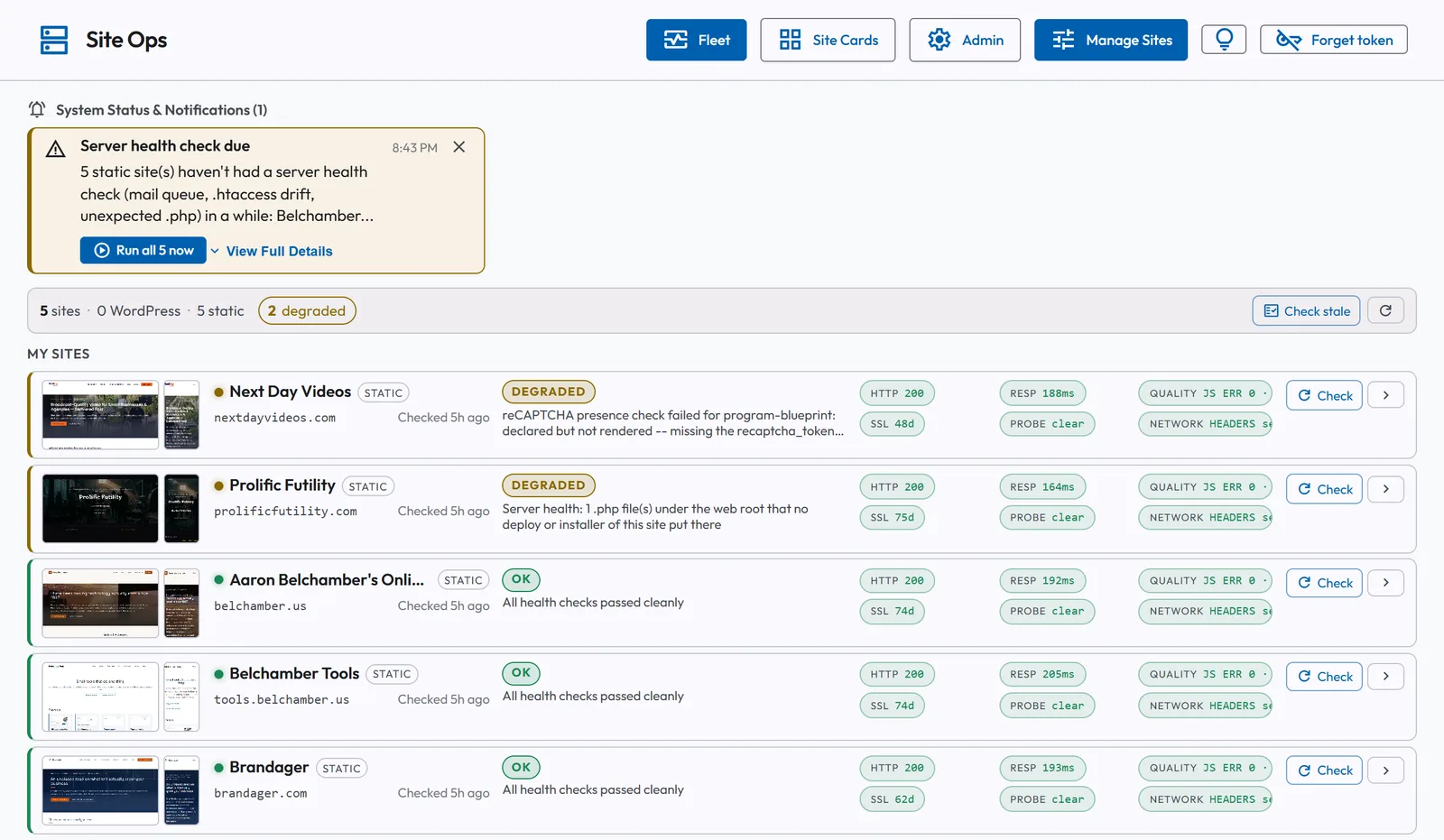 Site Ops showing five websites on one screen, each with its health status, response time and certificate expiry, two of them flagged with the reason